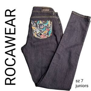 Rocawear Colorful Embroider Pocket Low Rise Straight Dark Blue Jeans
